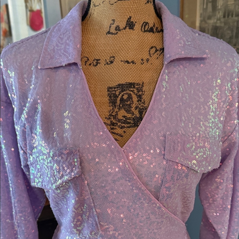 Les Lis Purple Lavender Iridescent Sequin Mini Dress - Picture 3 of 13